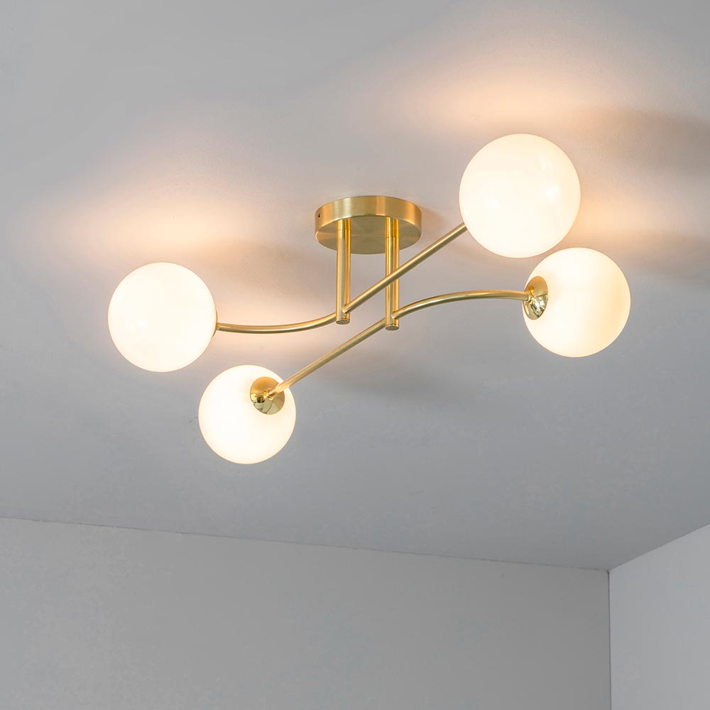 Otto Retro 4 Lamp Semi Flush Low Ceiling Light Brushed Brass Opal Glass