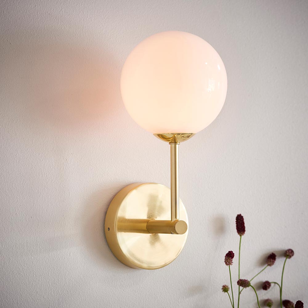 Endon Otto Retro 1 Lamp Wall Light Brushed Brass Opal White Glass