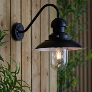 Endon Hereford gooseneck arm outdoor wall light in matt black garden lifestyle