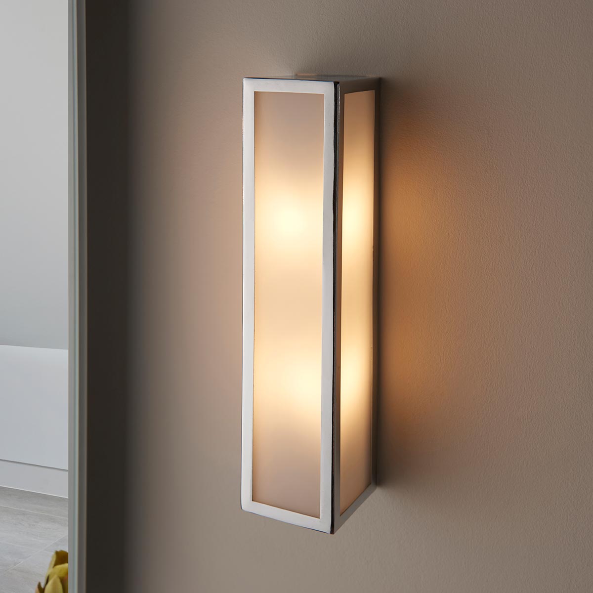 Endon Newham 2 Lamp Box Bathroom Wall Light Chrome Frosted Glass