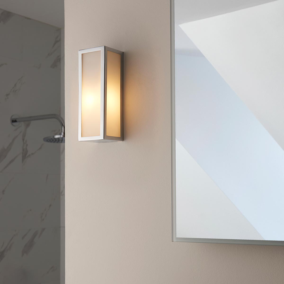 Endon Newham 1 Lamp Box Bathroom Wall Light Chrome Frosted Glass