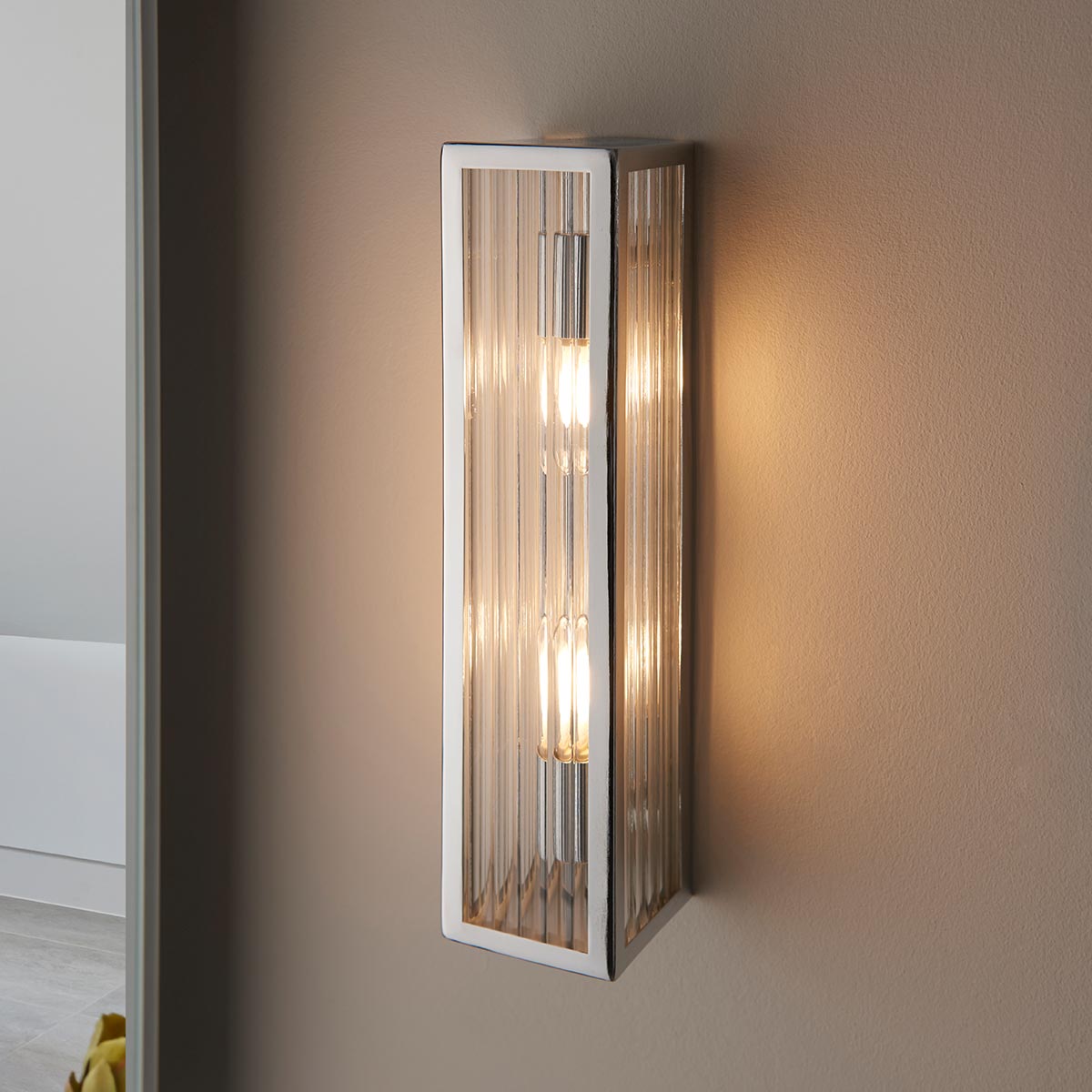 Endon Newham 2 Lamp Box Bathroom Wall Light Chrome Ribbed Glass