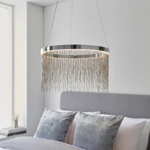 Endon Zelma remote control CCT LED ring pendant in chrome with silver chain waterfall main image