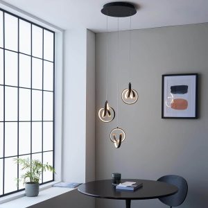 Endon Cosma 3 light dimmable LED multi level pendant in textured black roomset