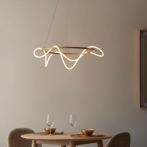 ndon Attalea dimmable LED ceiling pendant hoop in satin gold low over table