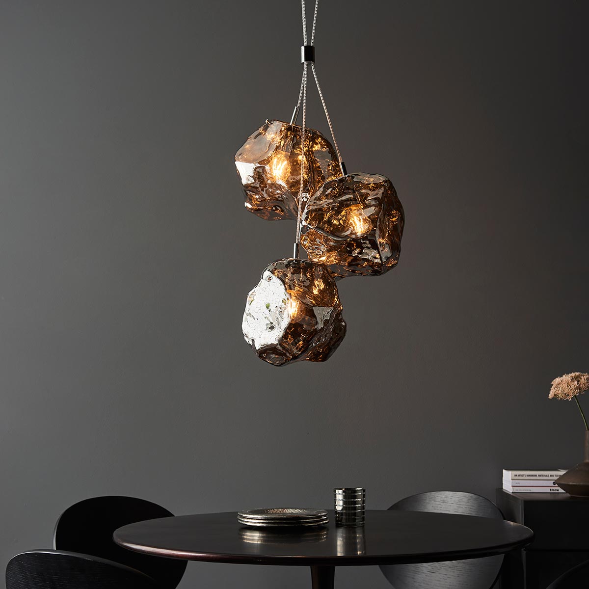 Endon Rock Modern 3 Light Cluster Pendant Chrome Volcanic Glass