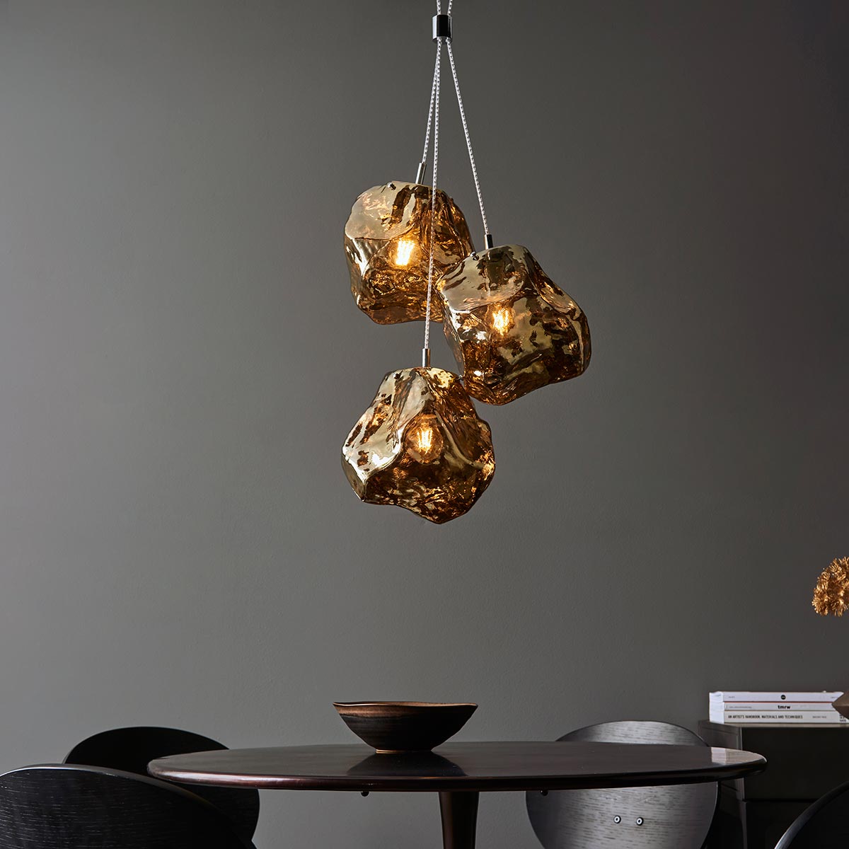 Endon Rock Modern 3 Light Cluster Pendant Bronze Volcanic Glass