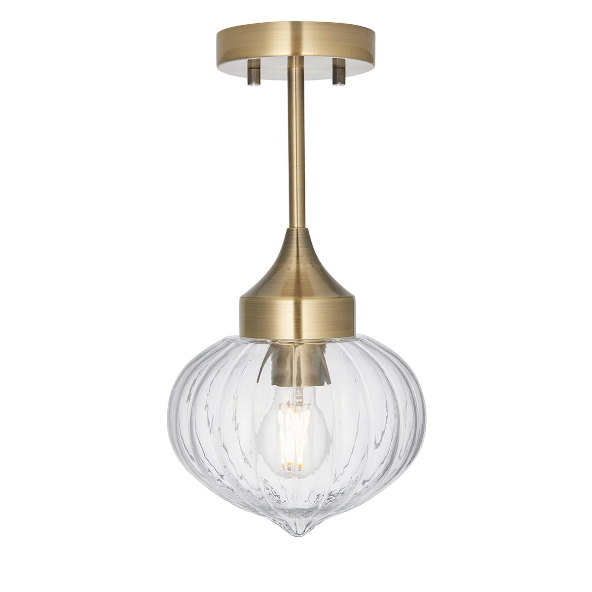 Endon Addington Semi Flush Ceiling Light Antique Brass Ribbed Glass