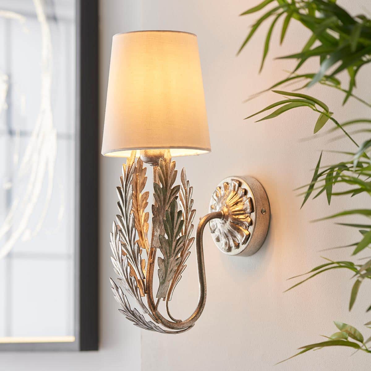 Endon Delphine Floral 1 Lamp Single Wall Light Silver Leaf Ivory Shade