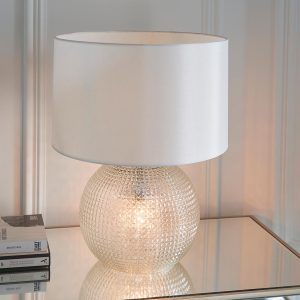 Endon Knighton 2 light textured clear glass base table lamp on table