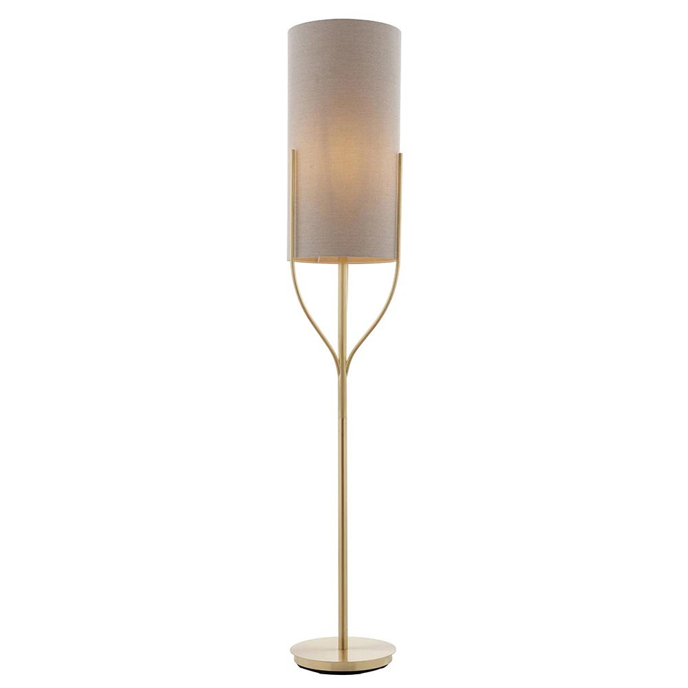 Endon Fraser Stylish Satin Brass 1 Light Floor Lamp Natural Linen Shade