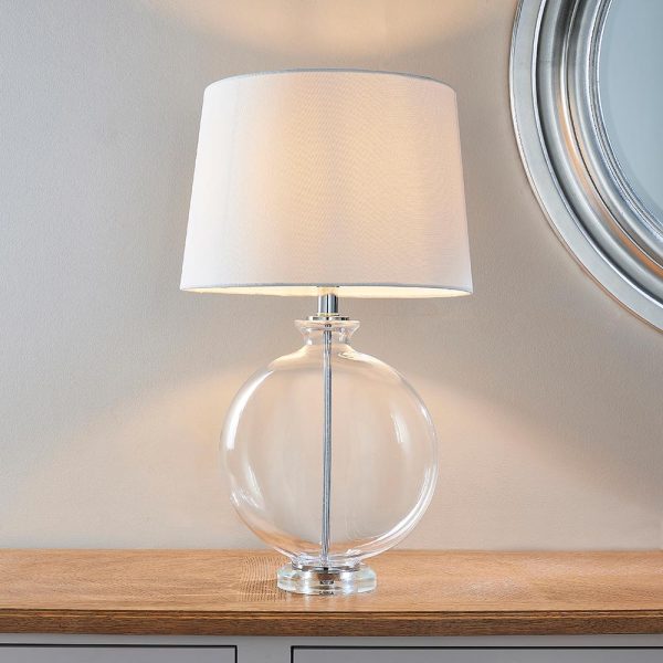 Gideon Clear Glass 1 Light Table Lamp Polished Nickel White Linen Shade