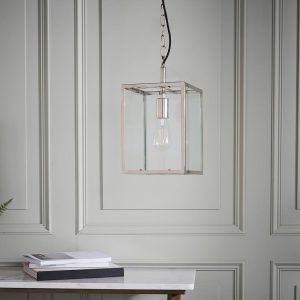 Hadden 1 light hanging box lantern in polished nickel with clear glass panels over table