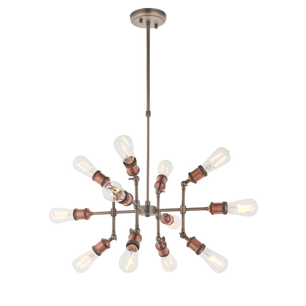 Endon Hal Industrial 12 Lamp Pendant Ceiling Light Pewter / Copper