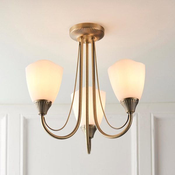 Haughton antique brass 3 arm semi flush ceiling light main image