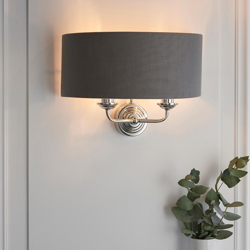 Endon Highclere 2 Lamp Twin Wall Light Charcoal Shade Polished Nickel