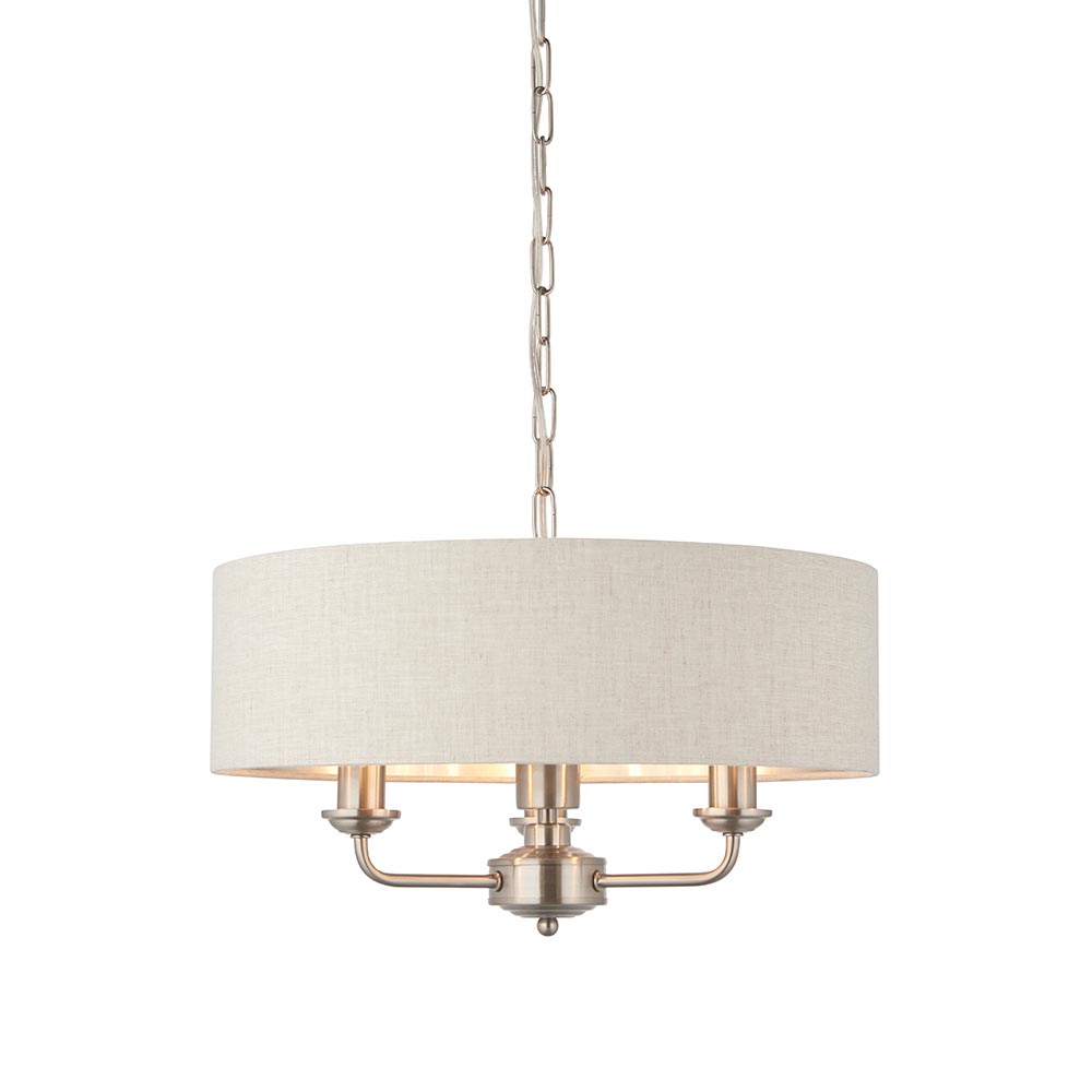 Endon Highclere 3 Light Pendant Natural Linen Brushed Chrome