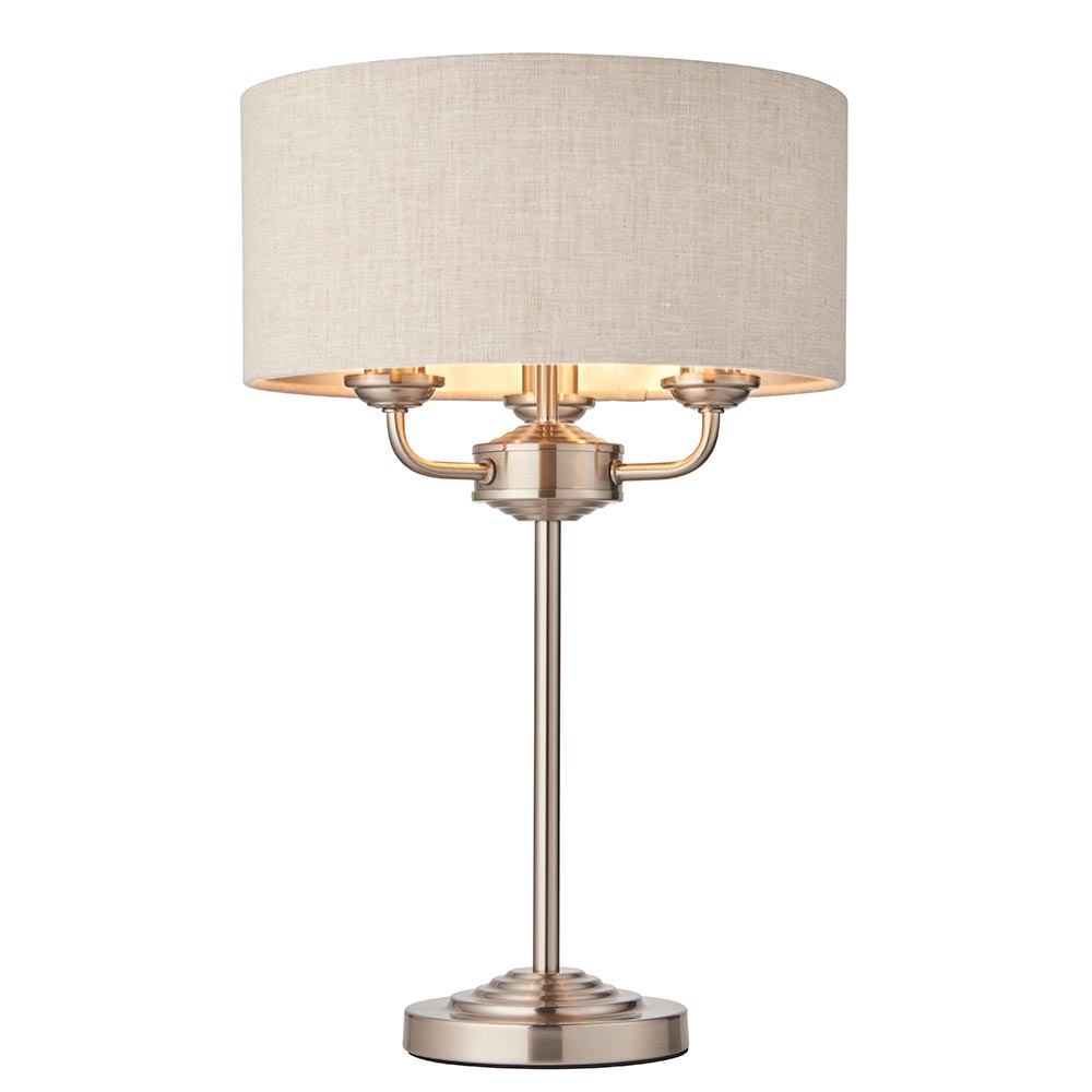 Endon Highclere 3 Light Table Lamp Natural Linen Brushed Chrome