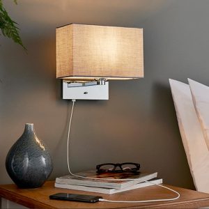 Issac switched USB bedside wall light in chrome & soft grey box shade roomset