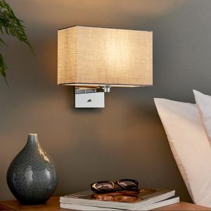 Issac switched bedside wall light chrome & soft grey box shade roomset