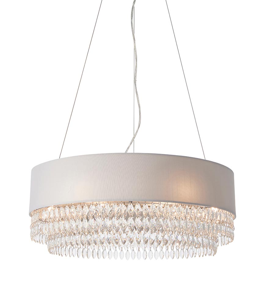 Malmesbury 6 Light Pendant Grey Silk Shade Crystal Drops