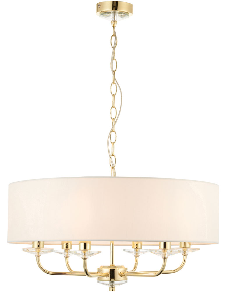 Nixon 6 Light Ceiling Pendant Polished Brass White Faux Silk Shade