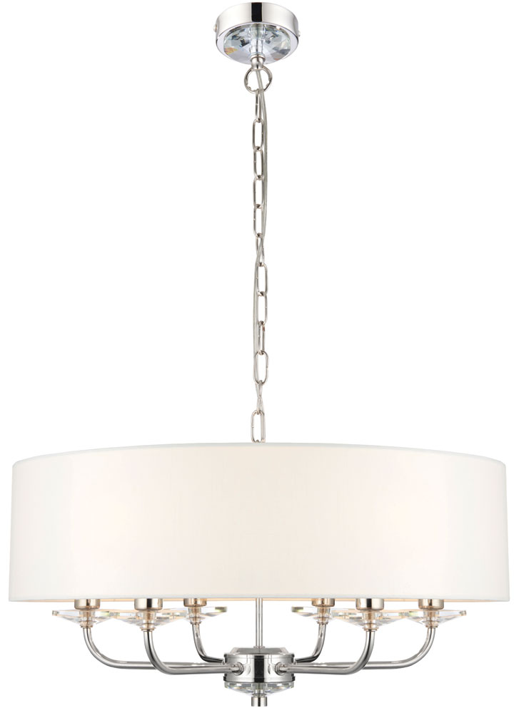 Nixon 6 Light Ceiling Pendant Polished Nickel White Faux Silk Shade