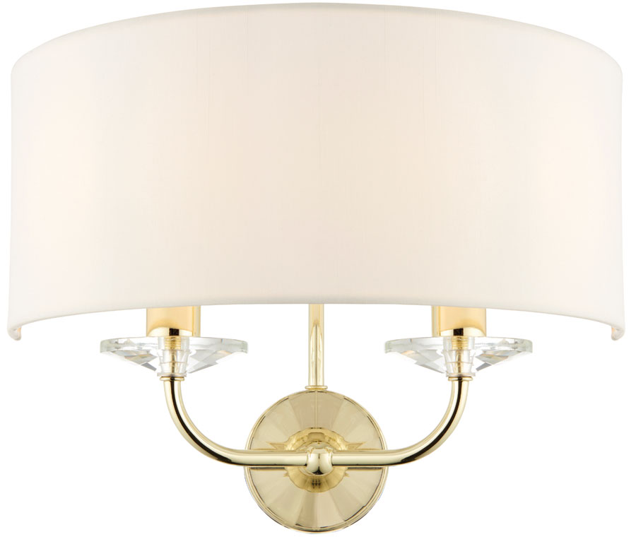 Nixon Twin Wall Light Fitting Polished Brass White Faux Silk Shade