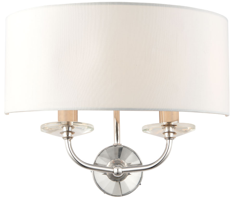 Nixon Twin Wall Light Fitting Polished Nickel White Faux Silk Shade