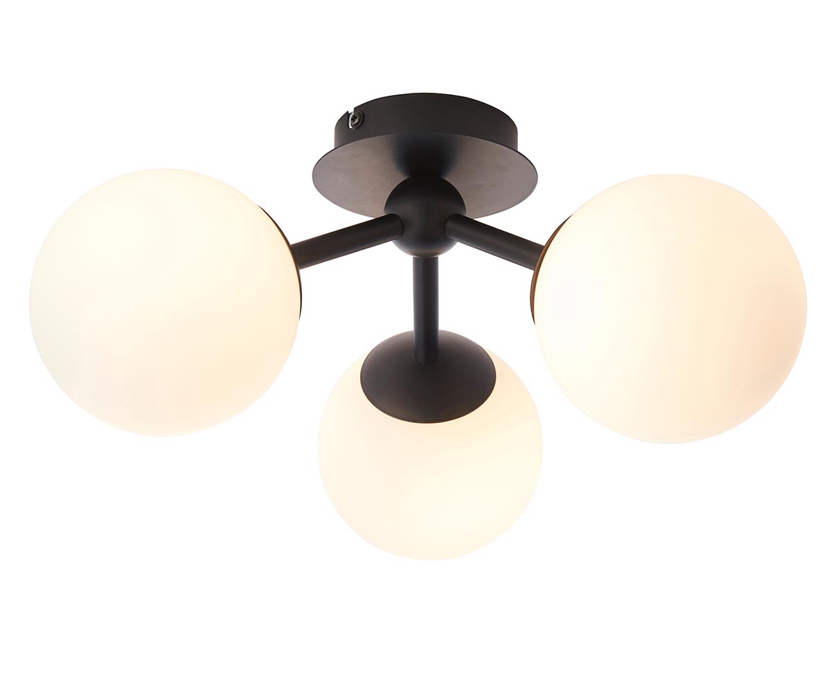 Pulsa Modern 3 Light Bathroom Ceiling Semi Flush Matt Black Opal Glass