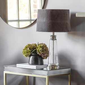 Endon Winslet clear hammered glass table lamp grey velvet shade main image