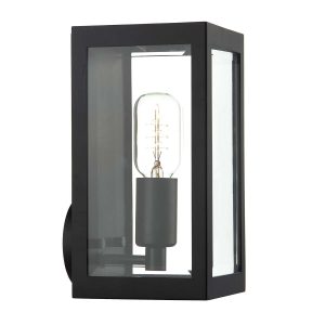 Era small outdoor wall lantern in matt black with clear glass panels, on white background lit