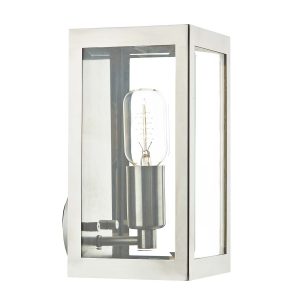 Era small outdoor wall lantern in stainless steel with clear glass panels, on white background lit
