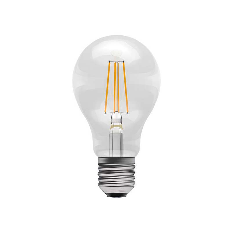 Clear 4w warm white dimmable LED filament household GLS light bulb with an ES-E27 base.