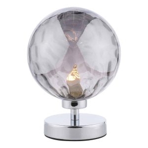 Esben touch table lamp in chrome with smoked dimpled glass on white background