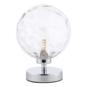 Esben touch table lamp in chrome with clear dimpled glass on white background