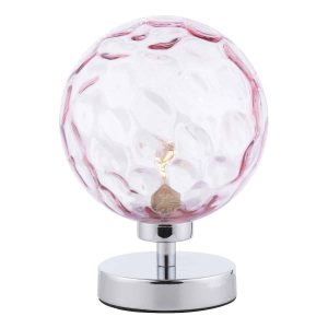 Esben touch table lamp in chrome with pink dimpled glass on white background