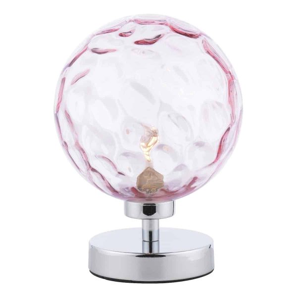 Esben touch table lamp in chrome with pink dimpled glass on white background