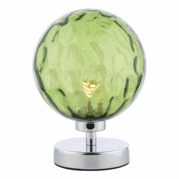 Esben touch table lamp in chrome with green dimpled glass on white background