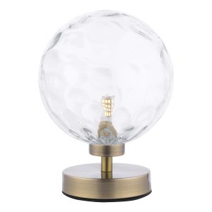Esben touch table lamp in antique brass with clear dimpled glass on white background