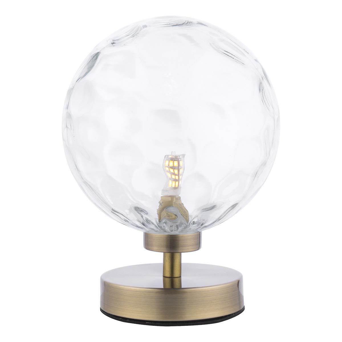 Esben touch table lamp in antique brass with clear dimpled glass on white background