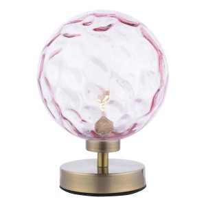 Esben touch table lamp in antique brass with pink dimpled glass on white background