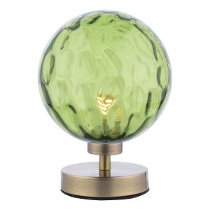Esben touch table lamp in antique brass with green dimpled glass on white background