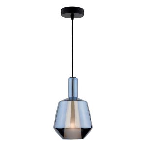 Esmeralda small pendant light in reflective blue glass, on white background lit