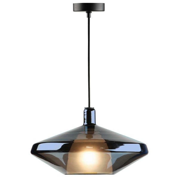 Esmeralda large pendant light in reflective blue glass, lit on white background