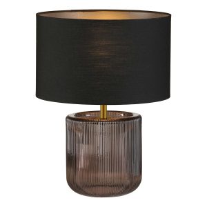 Etan aubergine glass table lamp with black faux silk shade, on white background lit