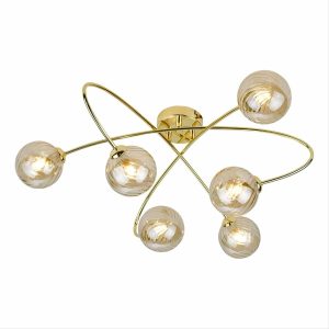 Etta 6 lamp low ceiling light in polished gold with champagne glass on white background