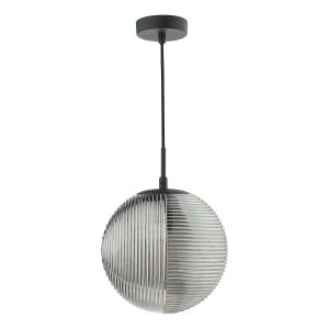 Evander single light pendant in matt black with smoked ribbed glass shade on white background unlit