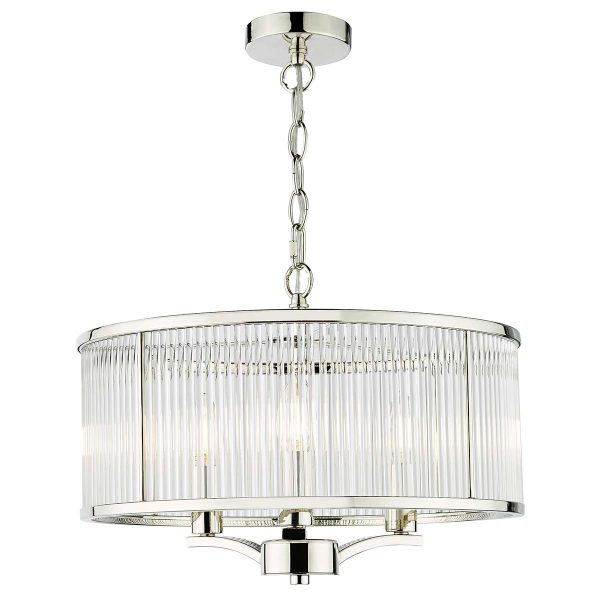 Evelyn 3 light pendant chandelier in polished nickel, on white background lit