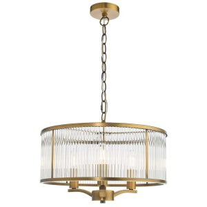 Evelyn 3 light pendant chandelier in antique brass, on white background lit